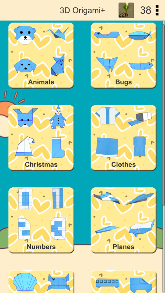 Main menu showing various origami pattern categories like animals bugs and planes