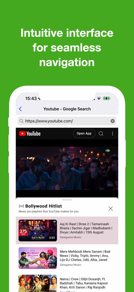 µBrowser - Safe, Fast, Private - Interface do aplicativo móvel uBrowser exibindo um resultado de pesquisa do YouTube.