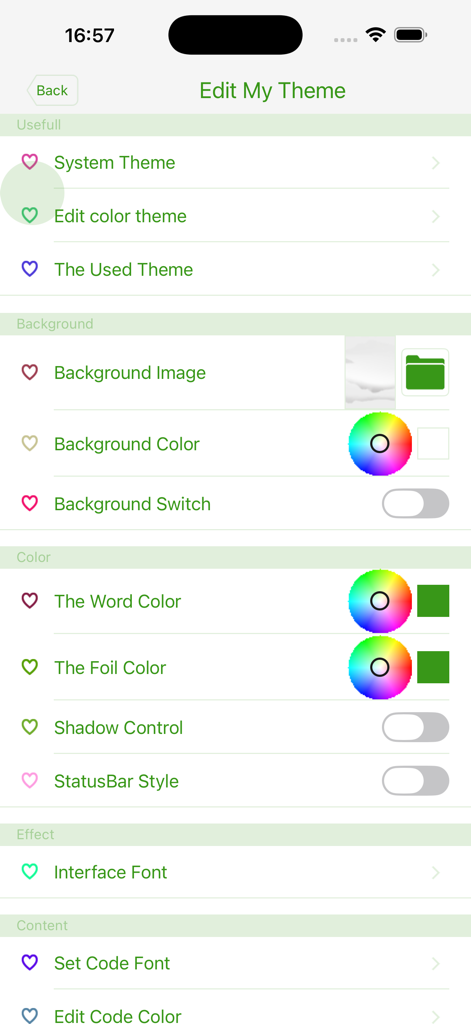 The theme customization screen of the C++ IDE app showing options to edit background colors, word colors, and font styles.