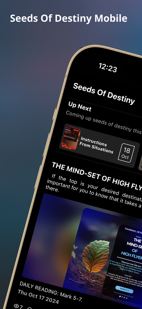 Seeds Of Destiny - Seeds of Destiny mobile app interface displaying daily Christian devotional readings