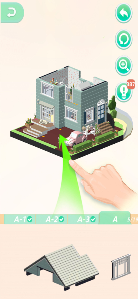 Pocket World-New Journey - A hand dragging a car piece to assemble a 3D miniature house puzzle in the Pocket World-New Journey app.