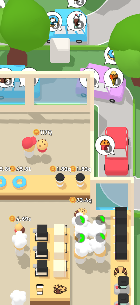 A top-down view of a drive-thru restaurant in the game Eatventure showing cars waiting for orders and staff preparing food