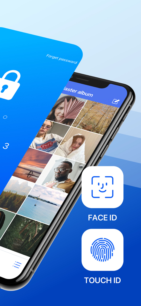 Photo Vault-Secret Calculator - Interface of a private photo vault app showing master album with Face ID and Touch ID login options