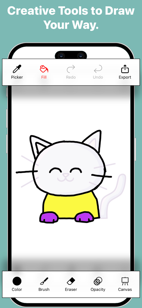 고양이 그림과 브러시, 채우기, 색상 선택기와 같은 다양한 창작 도구를 보여주는 트레이스 및 스케치 모바일 인터페이스