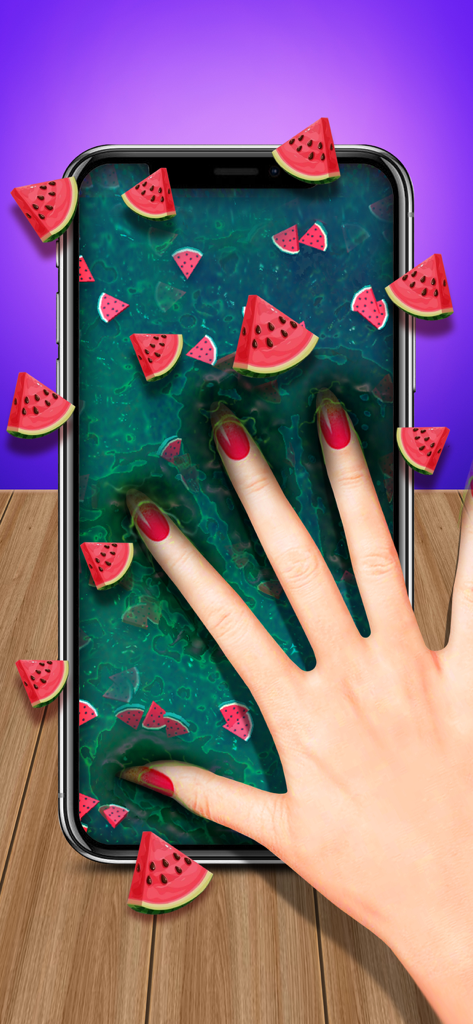 A hand squishing green watermelon themed slime on a smartphone screen