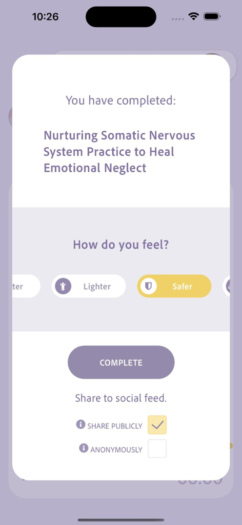 SomaShare - Deep Healing - SomaShare app screen showing a completed somatic healing practice with options to share progress
