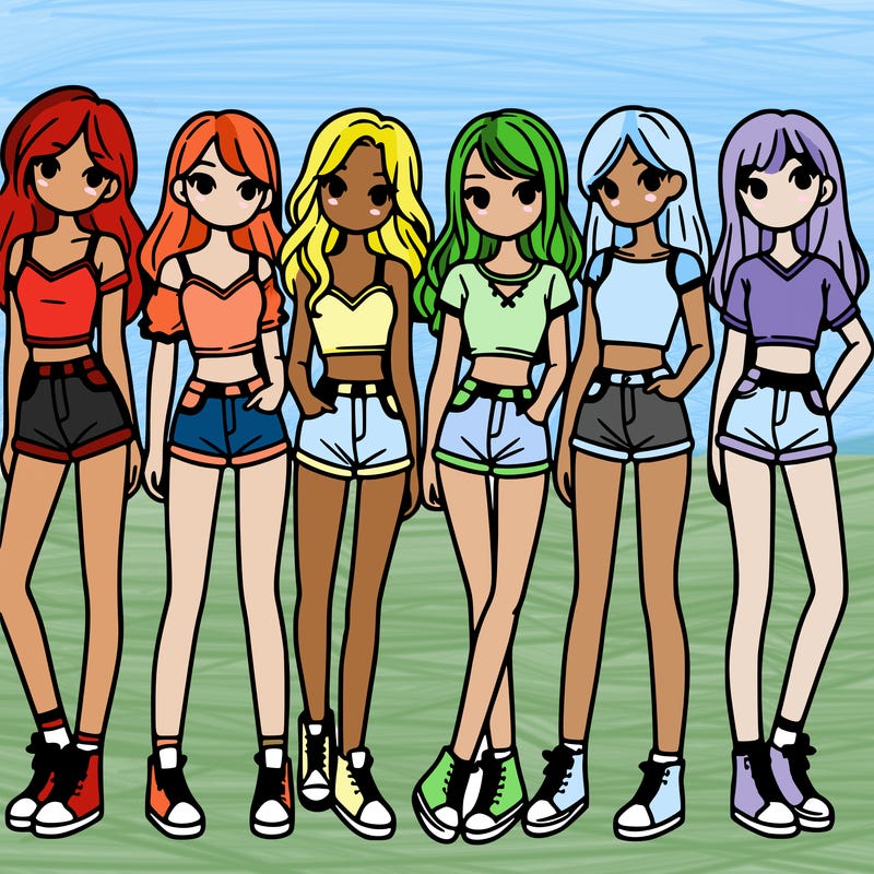 a group of girls wearing crop tops and shorts