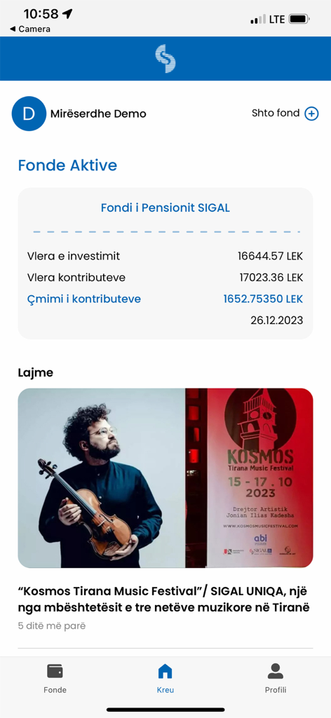 Mobile app dashboard for Sigal Fond Pension showing active pension funds and a news section.