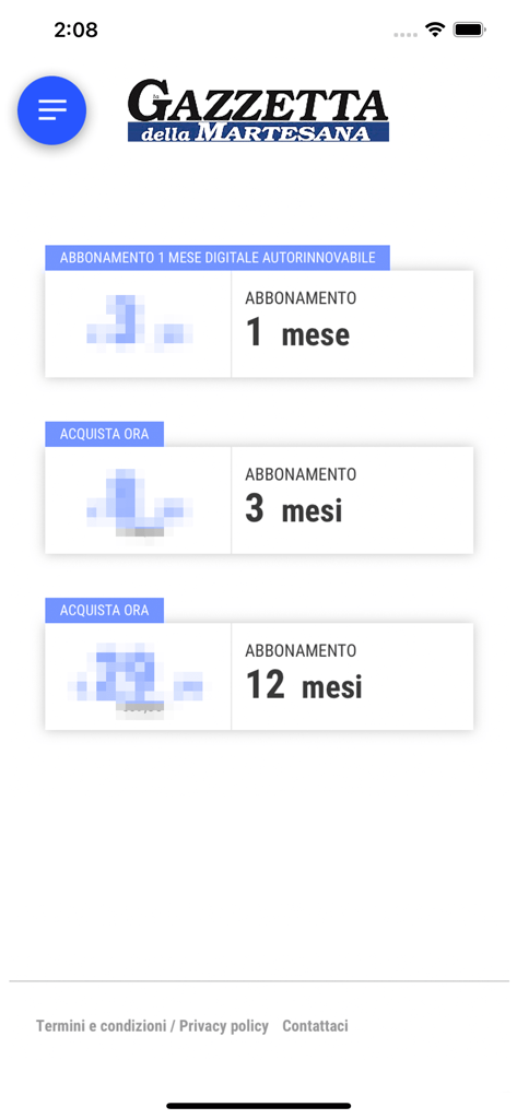 Gazzetta della Martesana - Subscription options for the Gazzetta della Martesana newspaper app showing monthly and yearly plans