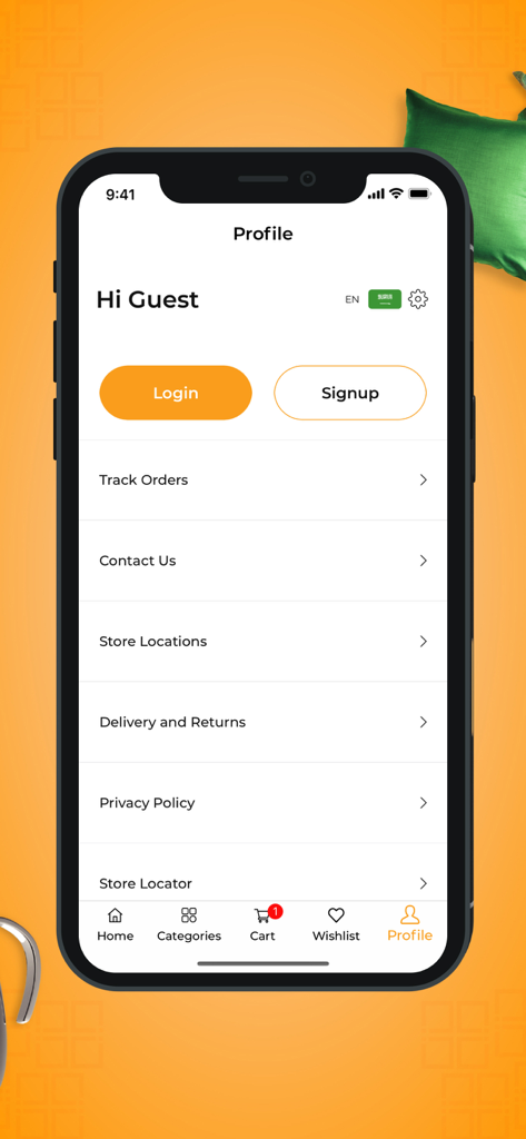 Profile screen of the Nice Stores shopping app showing login and signup buttons and menu options
