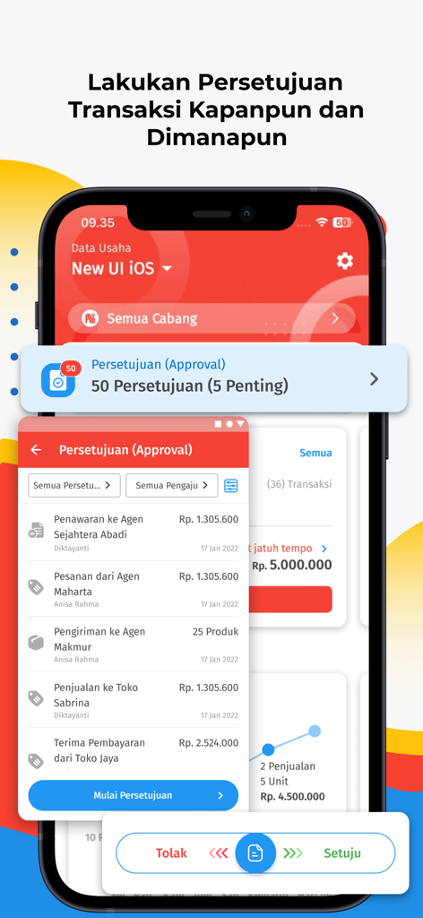 Accurate Lite - Smartphone screen displaying the transaction approval dashboard in the Accurate Lite mobile app for small businesses.