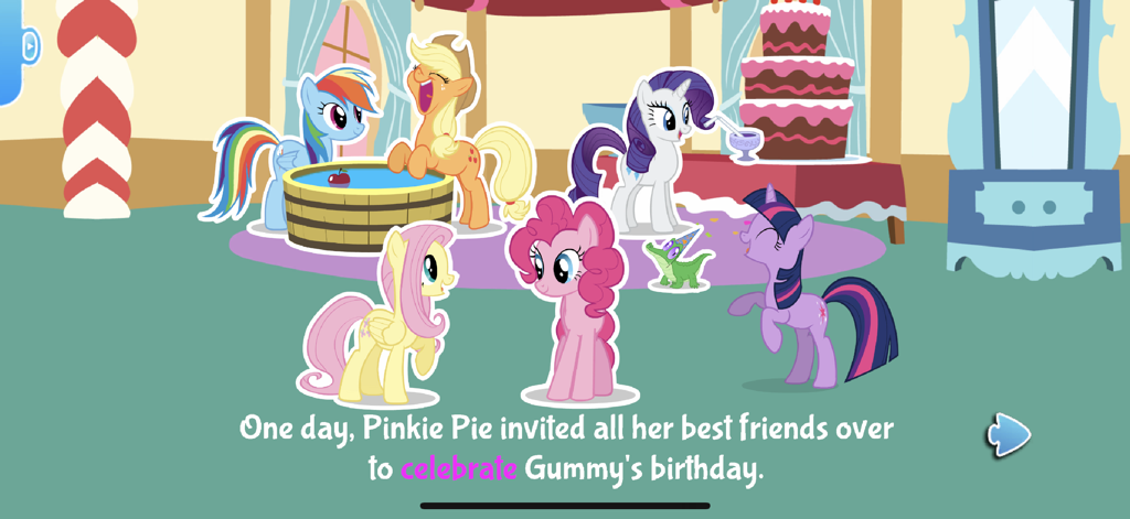 Pinkie Pie and her pony friends gathered for Gummys birthday celebration in the My Little Pony Party of One interactive book.