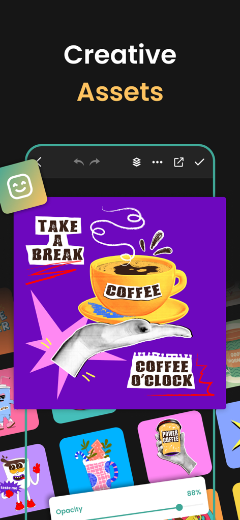 Social Media Post & Ad Maker - Interfaz de aplicación móvil que muestra activos de diseño creativos y una plantilla personalizable de publicación en redes sociales con temática de café.
