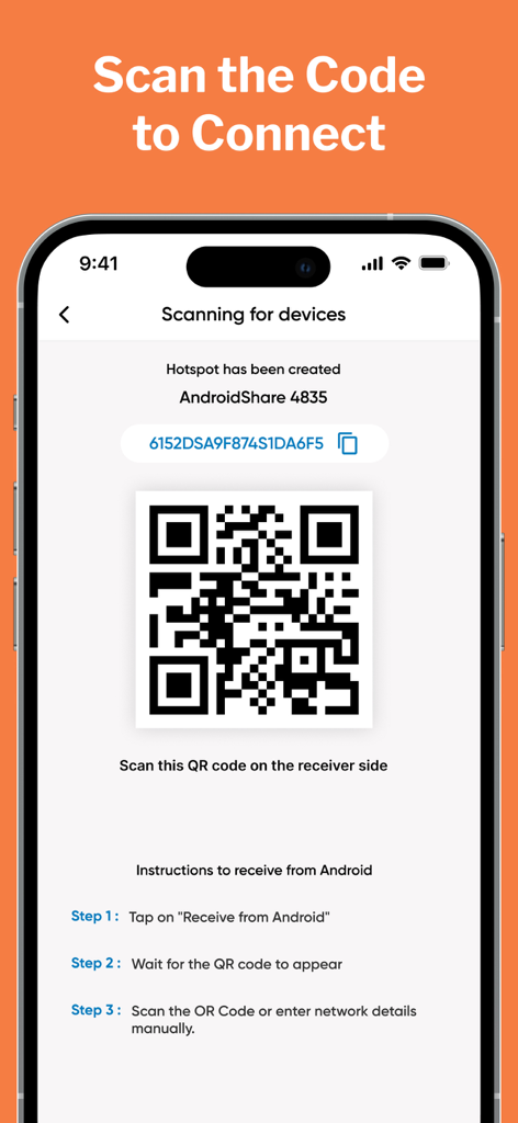 Clone Phone - Smart Switch - Smartphone screen showing a QR code to connect devices for data transfer in the Clone Phone app