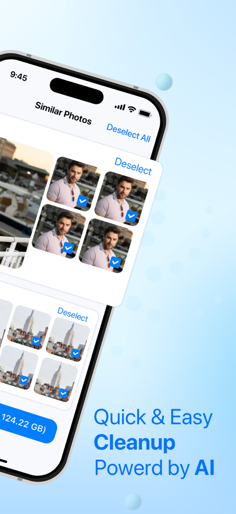 A mobile interface for AI Cleaner showing groups of similar photos selected for deletion to free up storage space.