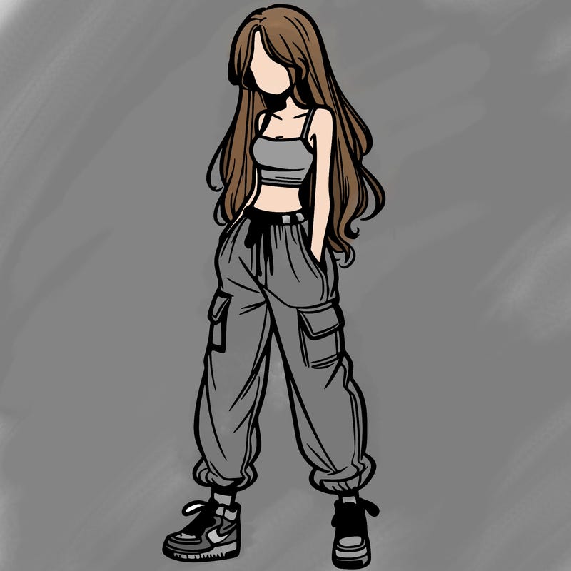 girl in baggy pants crop top and long hair