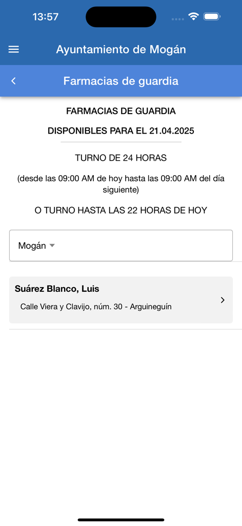 Mogán - Écran de l'application mobile Mogán affichant les emplacements et les horaires des pharmacies de garde