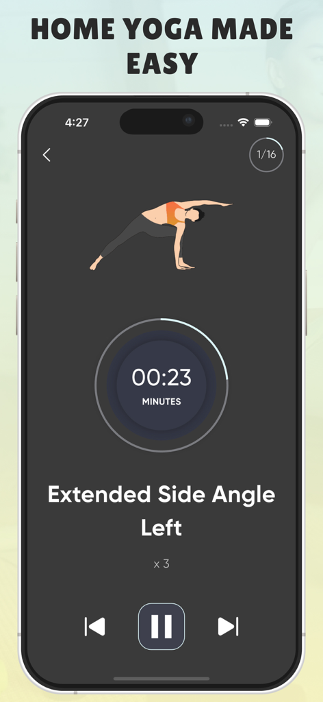 Yoga for Beginner Weight Loss - Mobile app screen showing a guided yoga pose for beginners with a progress timer