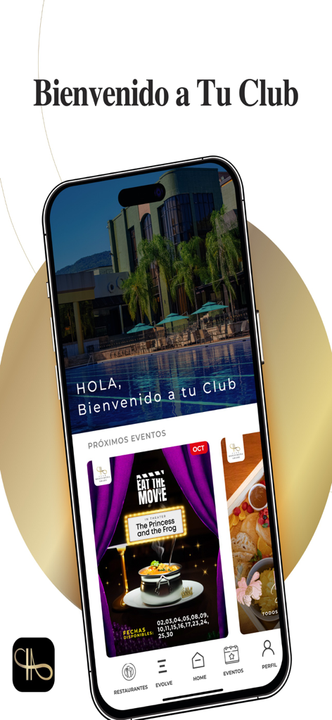 Tu Club - Tu Clubアプリのウェルカム画面。今後のクラブイベントと豪華なプールの背景が表示されます