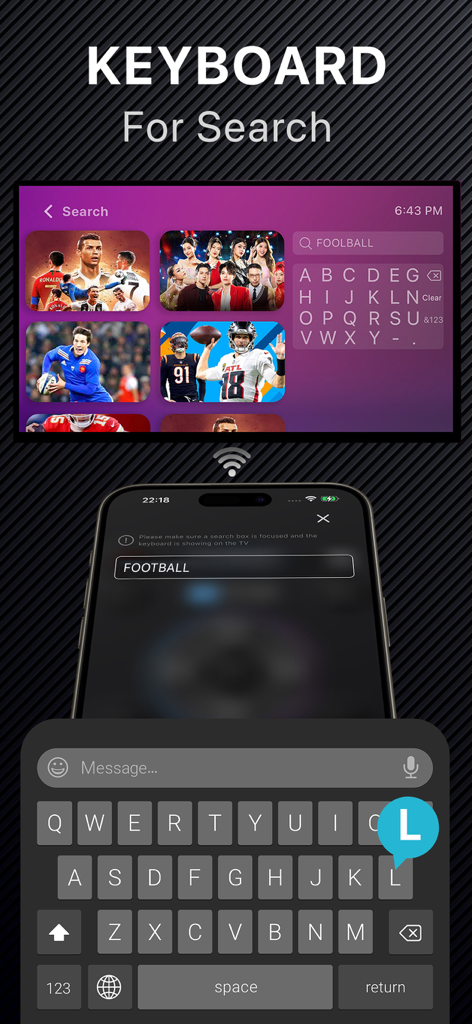 An iPhone keyboard being used to search for content on a smart TV screen