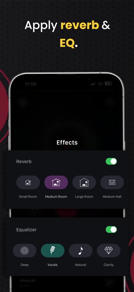 AudiOn: Voice Recorder & Memos - Écran de l'application AudiOn montrant les réglages de réverbération et d'égaliseur pour l'enregistrement audio.