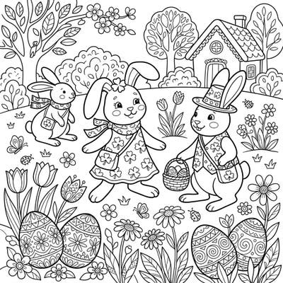 Join these delightful bunnies dressed in festive shamrock apparel as they celebrate Easter amidst a vibrant spring scene. This charming coloring page is bursting with decorated eggs, blossoming flowers, and playful details, perfect for sparking joy.
