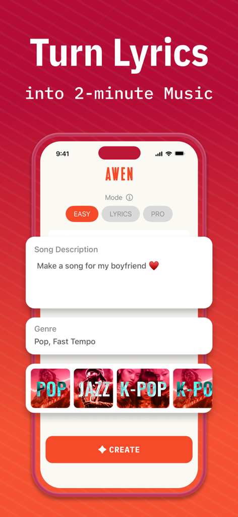 AI Music creator & Song writer - AWEN app interface showing the easy mode to create a pop song with a custom description