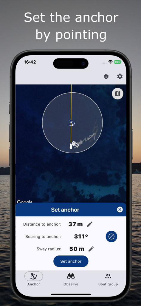 Anchor Easy: GPS Anchor Alarm - Interface of Anchor Easy app showing how to set an anchor by pointing on a nautical map with sway radius and distance settings