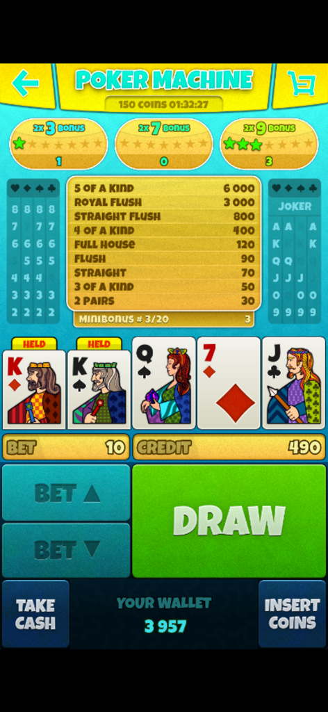 A retro video poker game interface with five cards and a paytable on a blue background