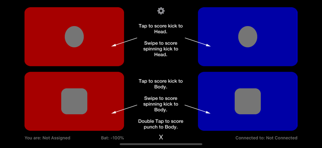 무술 경기에서 킥과 펀치 점수를 기록하기 위한 제스처 컨트롤을 보여주는 sparMaster 채점 리모컨 애플리케이션 인터페이스