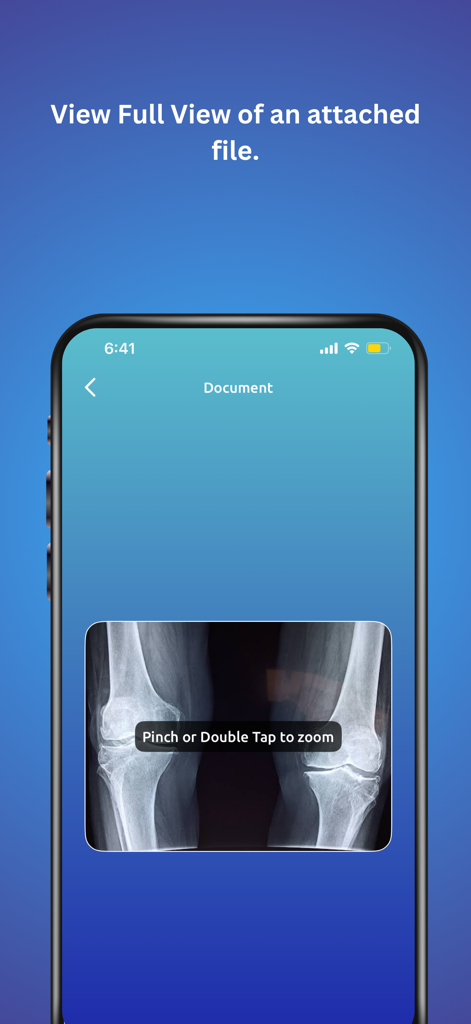 MediTrack - Family Health - Un écran de smartphone montrant une vue complète d'une radiographie du genou dans l'application MediTrack Family Health