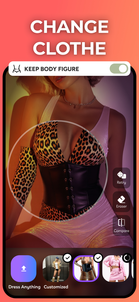 Interface of the Pic plus app showing the AI clothes changer feature with a leopard print outfit and various clothing templates