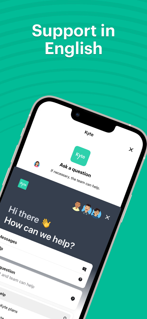 Kyte: POS, Inventory and Store - Kyte mobile app interface showing an in-app customer support chat screen with real human assistance in English.