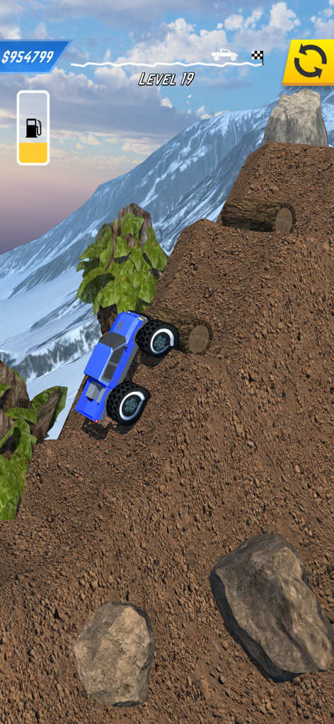 Rock Crawler - A blue truck navigating a steep dirt hill with log obstacles in the Rock Crawler game