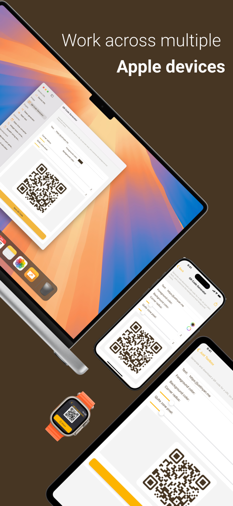 Just Toolbox App-Oberfläche zeigt den QR-Code-Generator auf Mac, iPhone, iPad und Apple Watch.