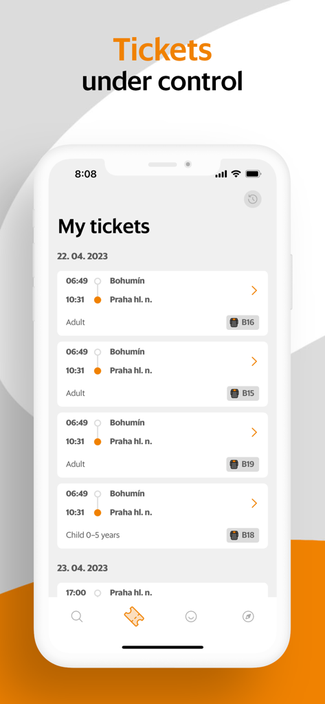 Interface de l'application mobile Leo Express affichant une liste de billets de train réservés de Bohumin à Prague