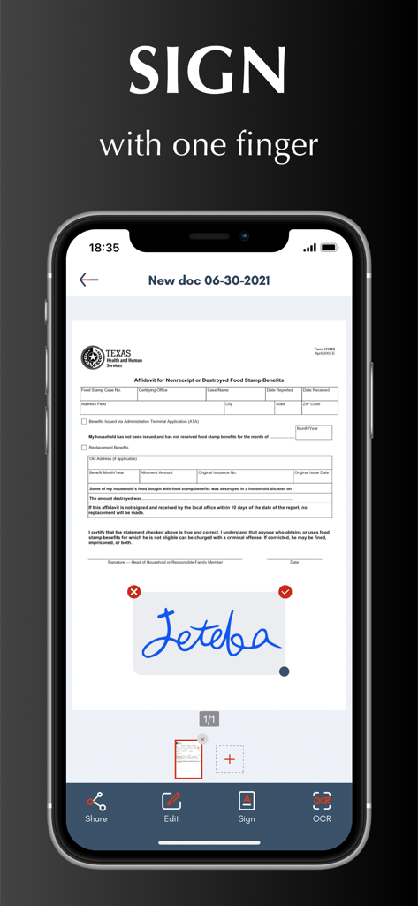 Función de firma digital en un documento dentro de la interfaz de Scanner App