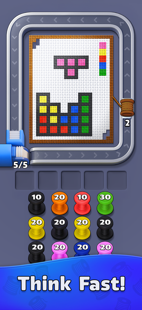 Yarn Flow - Gameplay screenshot of Yarn Flow showing a color-matching puzzle with yarn bobbins and a stitch grid
