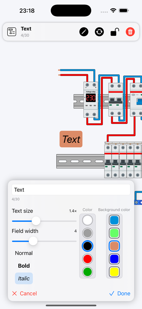 Electrical Panel Designer - Interface of the electrical panel designer app showing text label customization options including size font style and background color