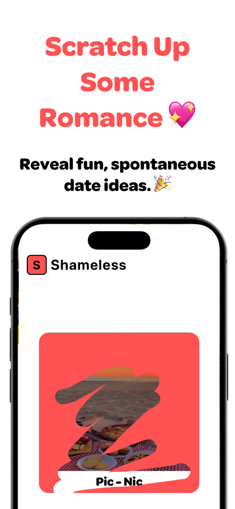 Shamelesss - Shamelesssアプリのインターフェースに、ビーチピクニックデートのアイデアを明らかにするスクラッチオフカードが表示されています。