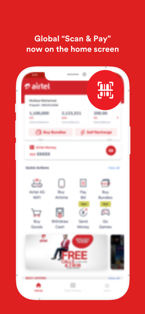 My Airtel Africa - L'interface de l'application Mon Airtel Afrique montrant la fonctionnalité Global Scan and Pay sur l'écran d'accueil.