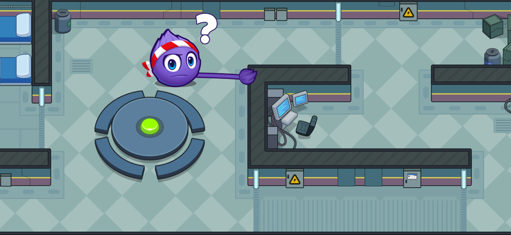 Catch the Candy 2 - Fluffy the purple creature using its long tail to solve a physics puzzle in a laboratory level