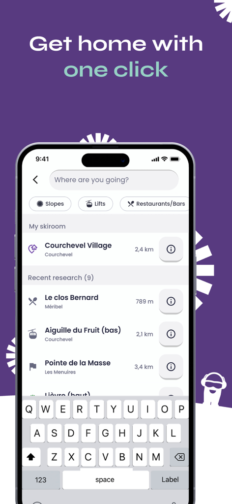 Skiif app screen showing search filters for slopes and restaurants and a quick return home option.