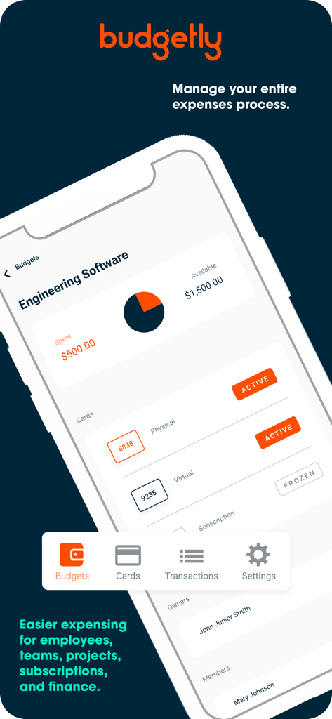 Budgetly app dashboard showing expense tracking for engineering software with spent versus available balance and managed corporate cards.