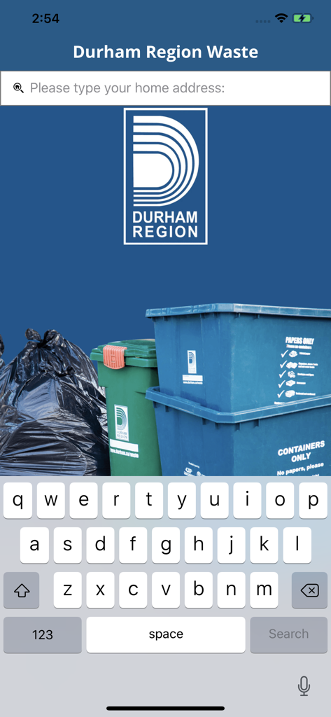 Durham Region Waste - Durham Region Waste app home screen showing address search bar and recycling bins.