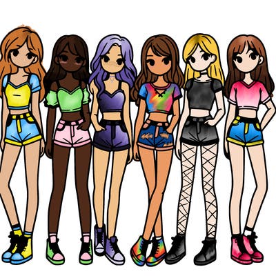 a group of girls wearing crop tops and shorts