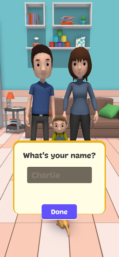 Dog Life Simulator ! - Écran de nomination dans Simulateur de Vie de Chien où une famille se tient ensemble dans un salon