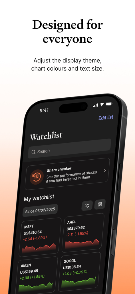 Liste de surveillance d'actions Sharesight montrant les variations de prix et les graphiques en mode sombre