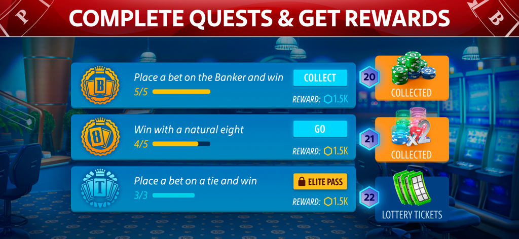 Baccarat online: Baccarist - Interfaz del juego Baccarat online que muestra las misiones del jugador y el progreso de las recompensas por fichas y boletos de lotería