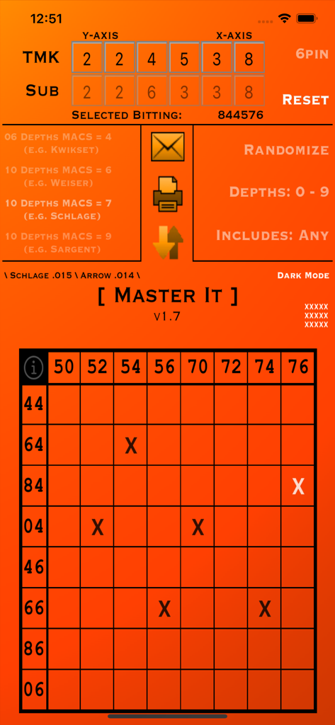 Interface of the Master It app showing a master key bitting matrix and system generation tools